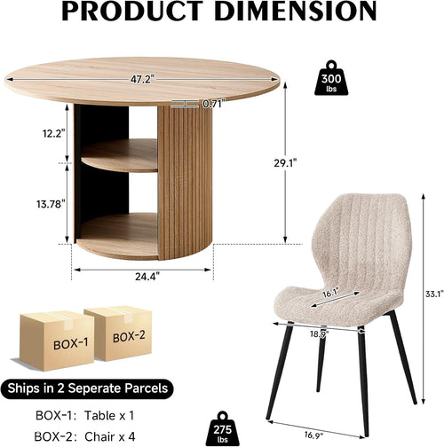 47" Round Dining Table Set for 4 Modern Storage Kitchen Table with 4 Boucle Upholstered Chairs for Dining Living Room Home Small Space(Natural Table with Beige Chairs)