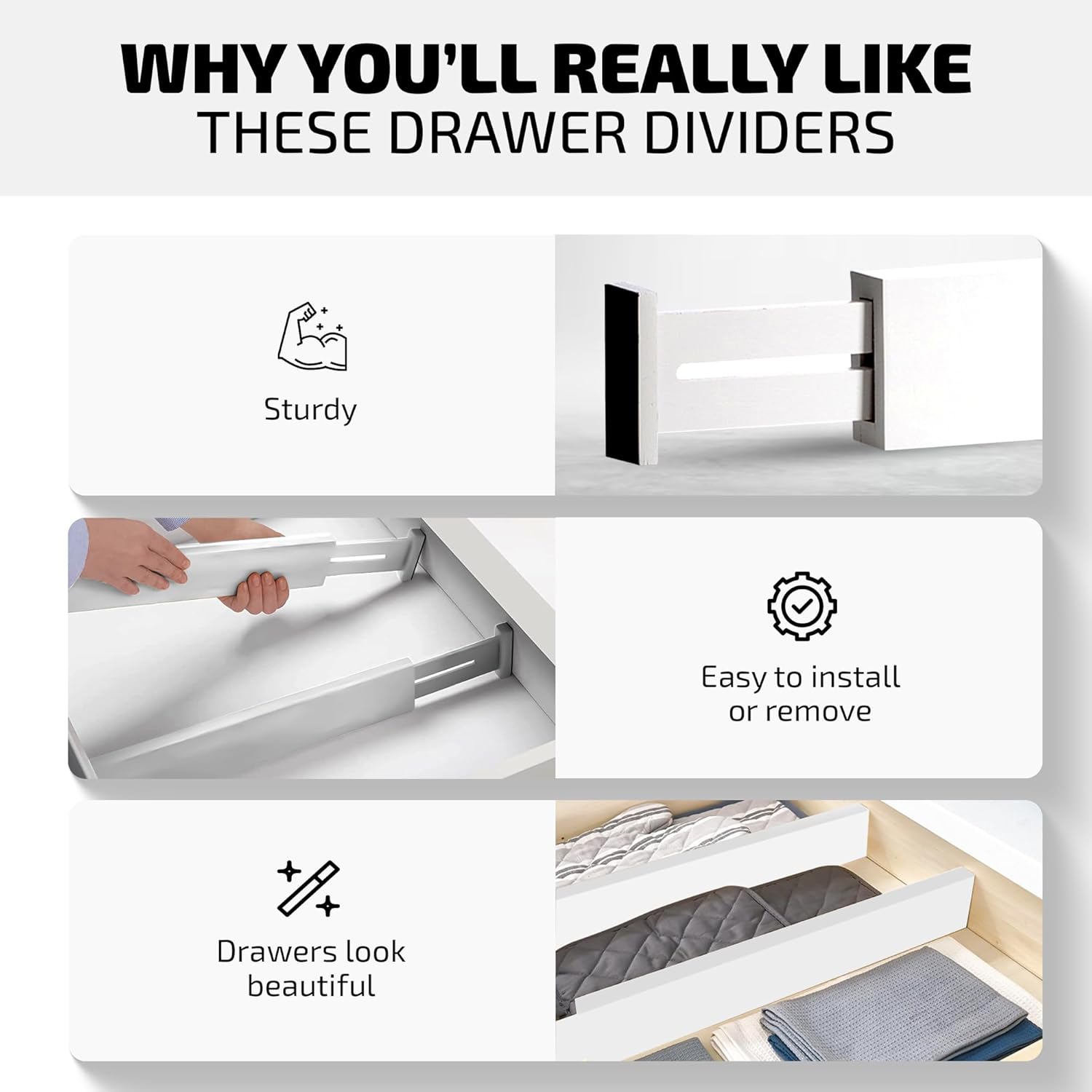 4-Pack Bamboo Drawer Dividers - 2.6" High, 12.5"-17" Adjustable Drawer Organizers for Clothes, Expandable Dresser Separators in Bedroom/Bathroom/Kitchen/Office Organization and Storage (White)