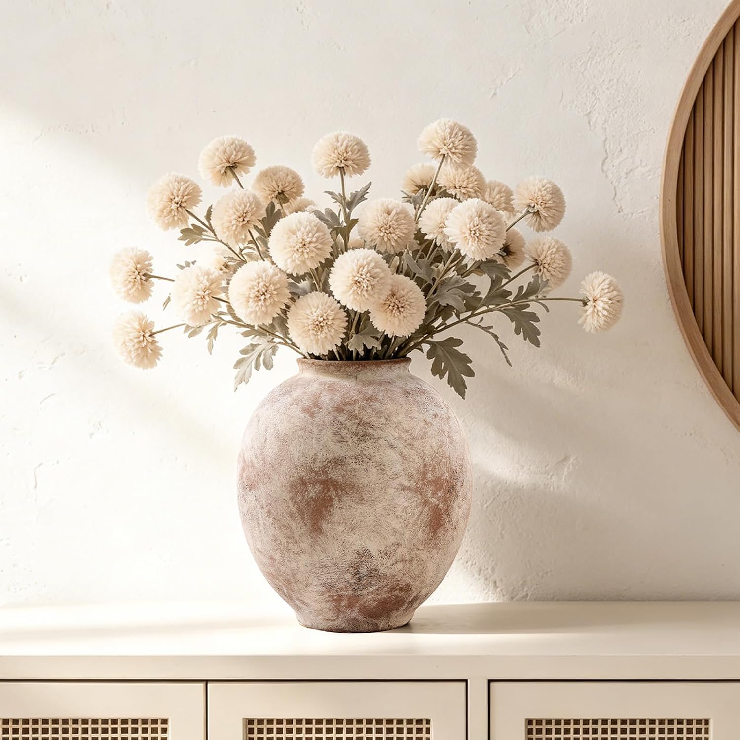 Large Ceramic Vase - 9.8 Inch Rustic Farmhouse Flower Vaase | Round decorative pottery vase for home decor, living room table, entryway, bookshelf, mantel & fireplace
