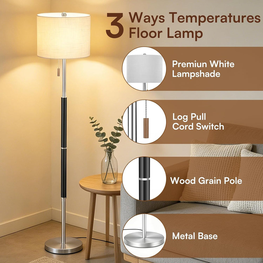Black Floor Lamp with 13.2" Linen Shade and 3 Colors for Living Room