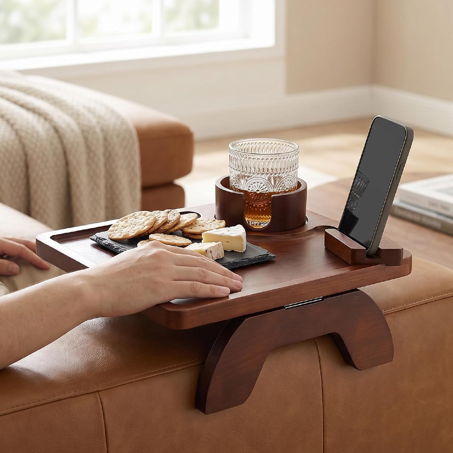 Asixxsix Sofa Arm Tray, Natural Pinewood Clip On Tray with Cup Holder and 360 Degree Rotatable Phone Stand, Foldable Couch Armrest Table for Living Room Snacks Drinks Remote Control (Brown)