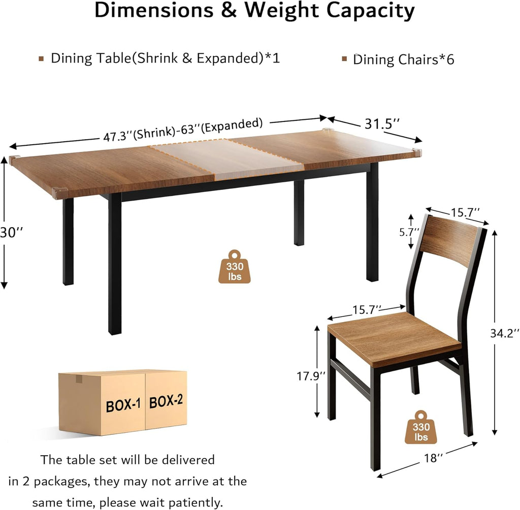iPormis 7-Piece Dining Table Set with 6 Chairs, 63" Extendable Kitchen Table & Chairs Set for 4-6, Dining RoomTable with Solid Metal Frame & MDF Board, Perfect for Small Space, Easy Assembly, Walnut