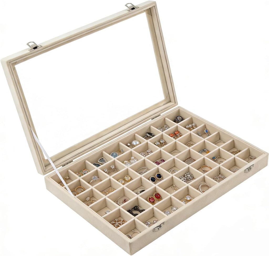 Velvet Jewelry Tray 48 Compartments Jewelry Box Display Organizer with Transparent Cover Earrings, Rings,Necklaces, Pendants Storage Box for Girls, Women,Wife, Mother(Beige)