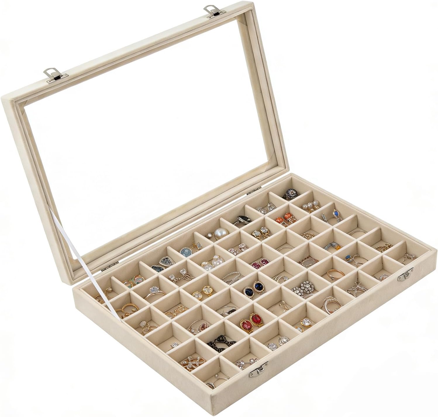 Velvet Jewelry Tray 48 Compartments Jewelry Box Display Organizer with Transparent Cover Earrings, Rings,Necklaces, Pendants Storage Box for Girls, Women,Wife, Mother(Beige)
