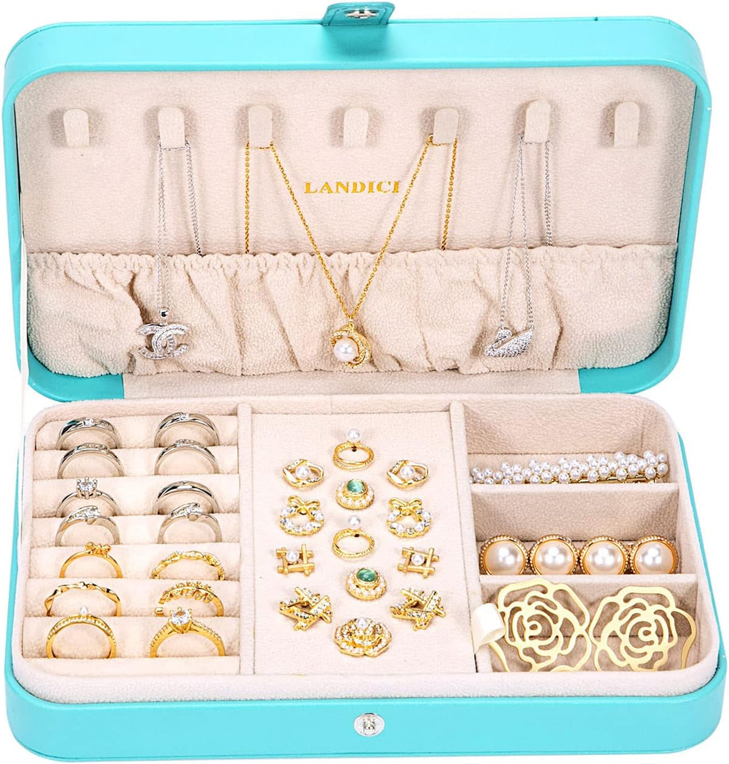 LANDICI Small Jewelry Box for Women Girls, PU Leather Travel Jewelry Organizer Case, Portable Jewellery Storage Holder Display for Ring Earrings Necklace Bracelet Bangle Watch Men Kids Gift, Lake Blue