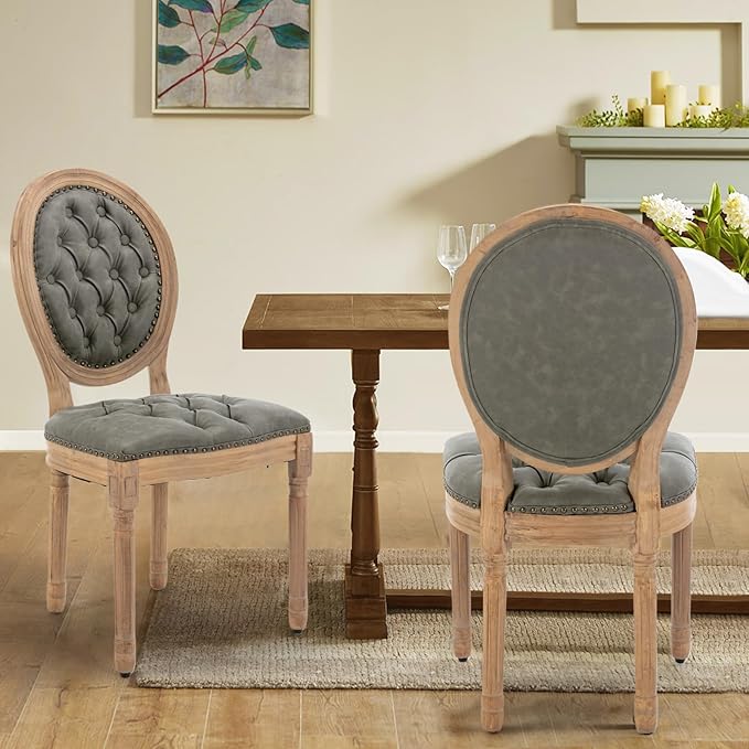 PU Leather Upholstered Dining Chairs Set of 2 French Country Round Back Kitchen Side Chairs with Nailhead Trim and Wood Legs for Dining Room, Kitchen, Restaurant(Pine Green)