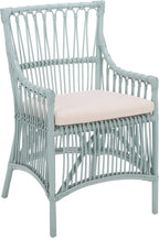 SAFAVIEH Furniture - Zorianna Dining Chair - Light Blue Rattan & White Cushion - Armchair Design - Ideal for Dining Room, Kitchen, 18.5" Seat Height (DCH6505C)