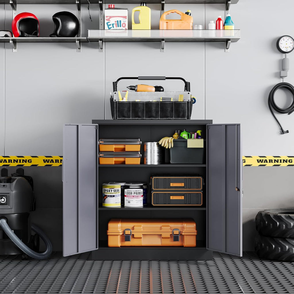 Yizosh Metal Garage Storage Cabinet with 2 Doors and 2 Adjustable Shelves - 35.5" Steel Lockable File Cabinet for Home Office,Garage,Gym,School（Gray Black）