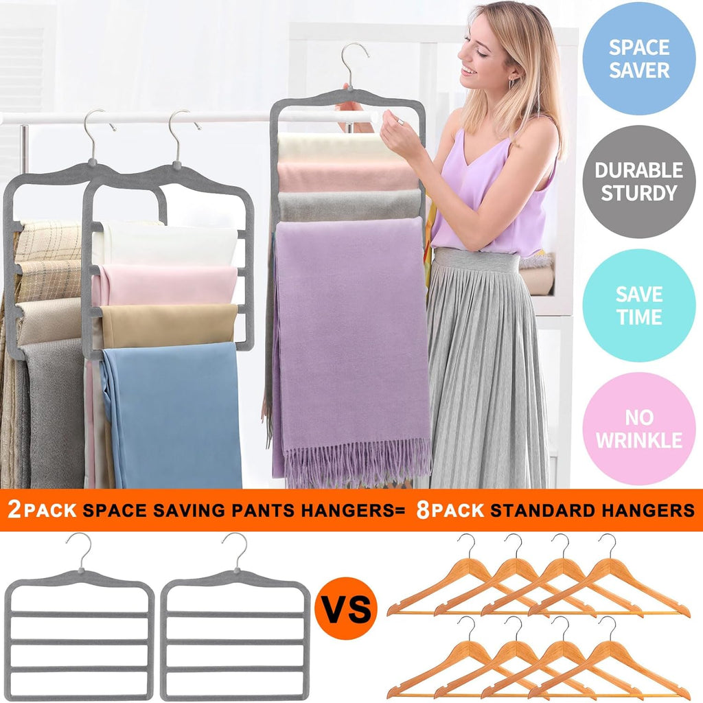 Closet Organizers and Storage, Magic Pants Hangers Space Saving, 4 Tiers Skirt Hangers, Jean Scarf Hangers, Closet Organizer Clothes Hangers, College Dorm Essentials Apartment Essentials-2 Pack