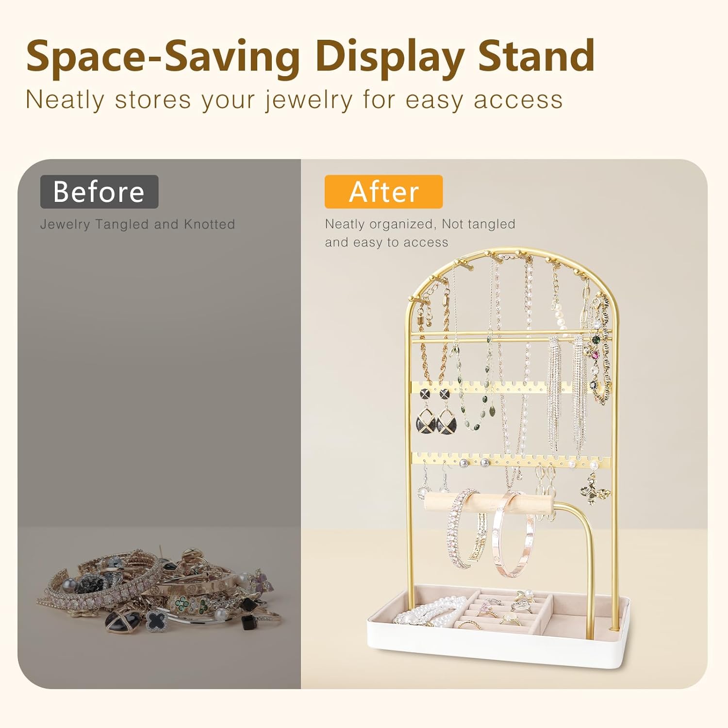 Multi-Functional Jewelry Holder Organizer Necklace Display Stand Velvet Lined Bar for Rings 2 Tier with 18 Hooks, 32 Earring Holes - Sturdy and Durable, Easy Organization White & Gold