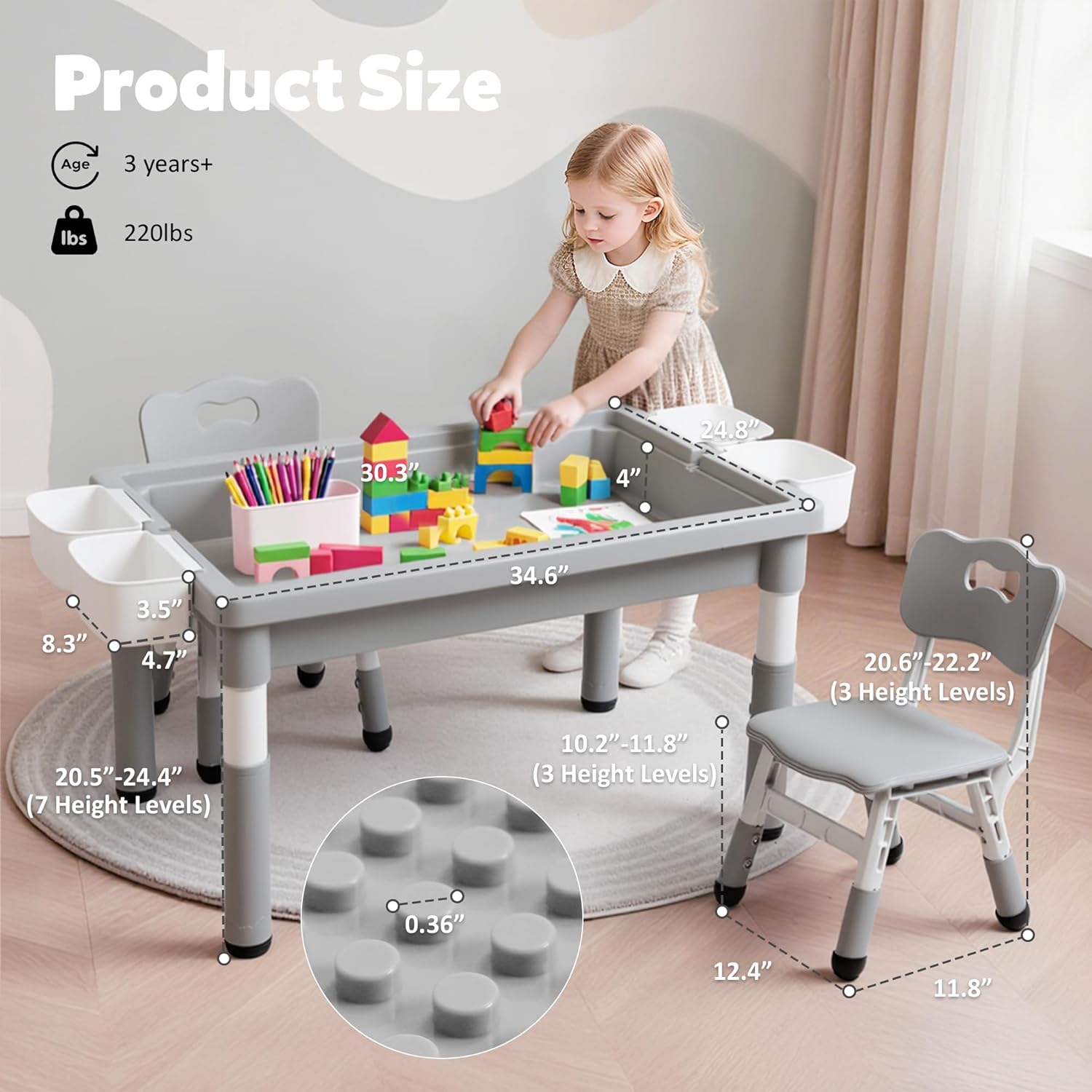 Kids Table and Chairs Set Large Storage, Height Adjustable Toddler Activity Table and 2 Chairs Set, 34.6x24.8" Graffiti/Block Building Desktop, 4 Side Boxes, Kids desk for Home, Preschool, Classroom