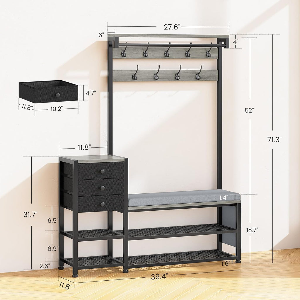 Itaar Coat Rack, Hall Tree with Bench and Shoe Storage, 7-in-1 Entryway Bench with Soft Cushion, Storage Bag, 3 Fabric Drawers(Grey)