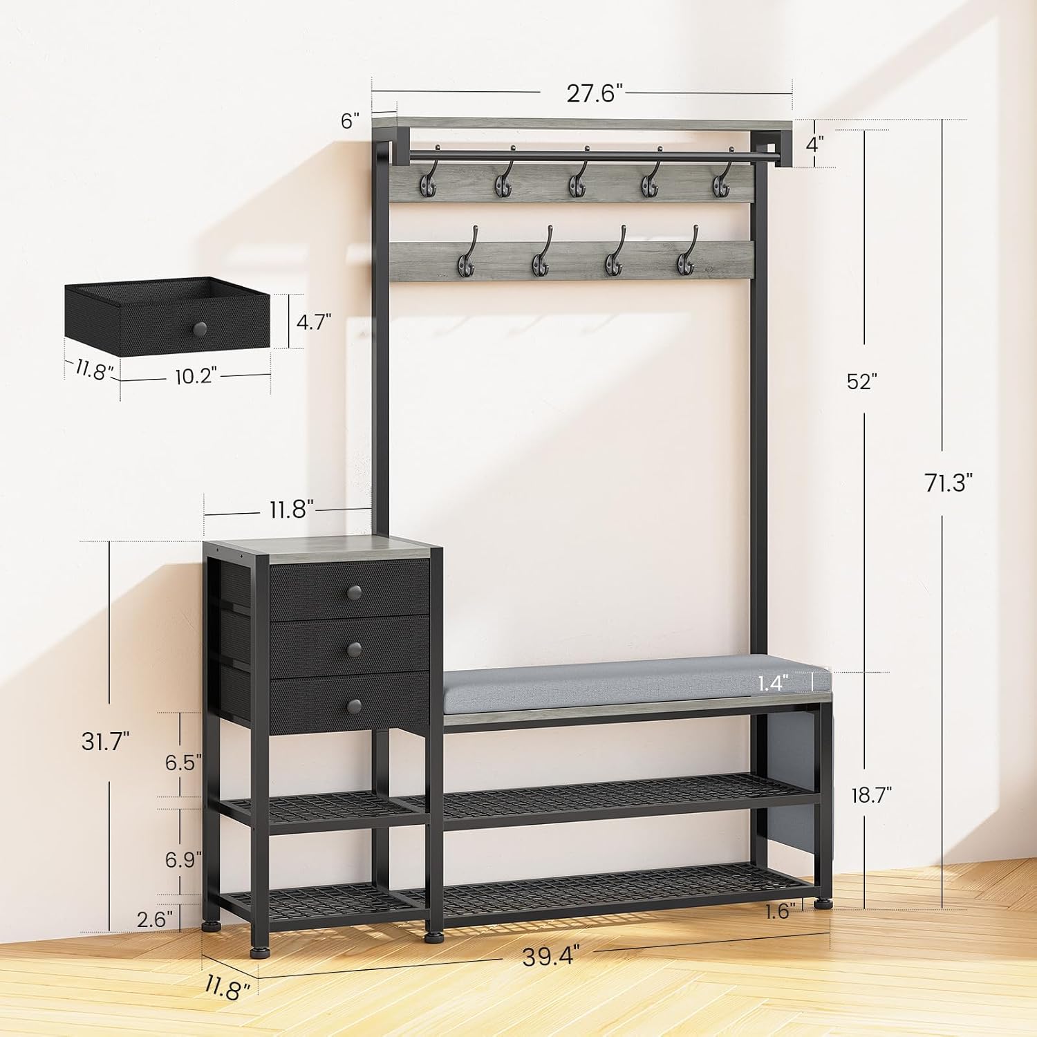 Itaar Coat Rack, Hall Tree with Bench and Shoe Storage, 7-in-1 Entryway Bench with Soft Cushion, Storage Bag, 3 Fabric Drawers(Grey)