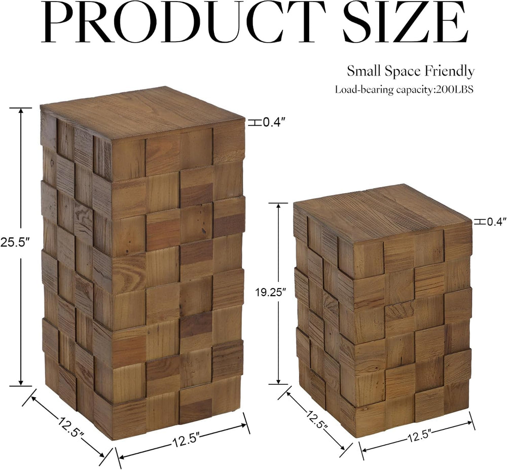 Nesting End Table, Textured Block Design Side Table, Natural | Solid Elm Wood...