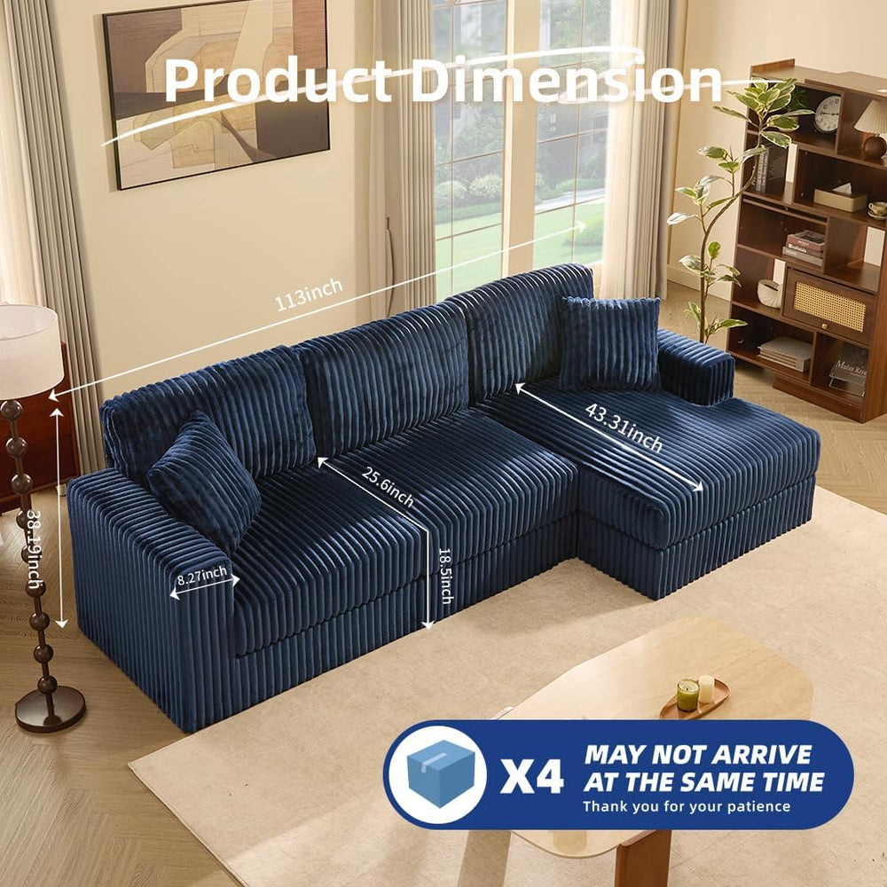 GOSUHI 113" L-Shaped Cloud Couch, Modular Sectional, Deep Seats, Navy | ...