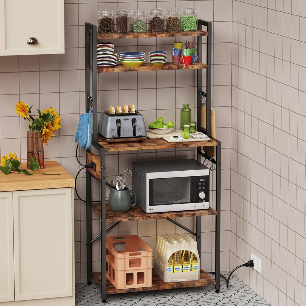 Kitchen Bakers Rack with Power Outlet, 5 Tiers Coffee Bar Table, Kitchen Microwave Stand with 6 S-shaped Hooks, Kitchen Storage Shelf Rack for Spices, Pots, Rustic Brown