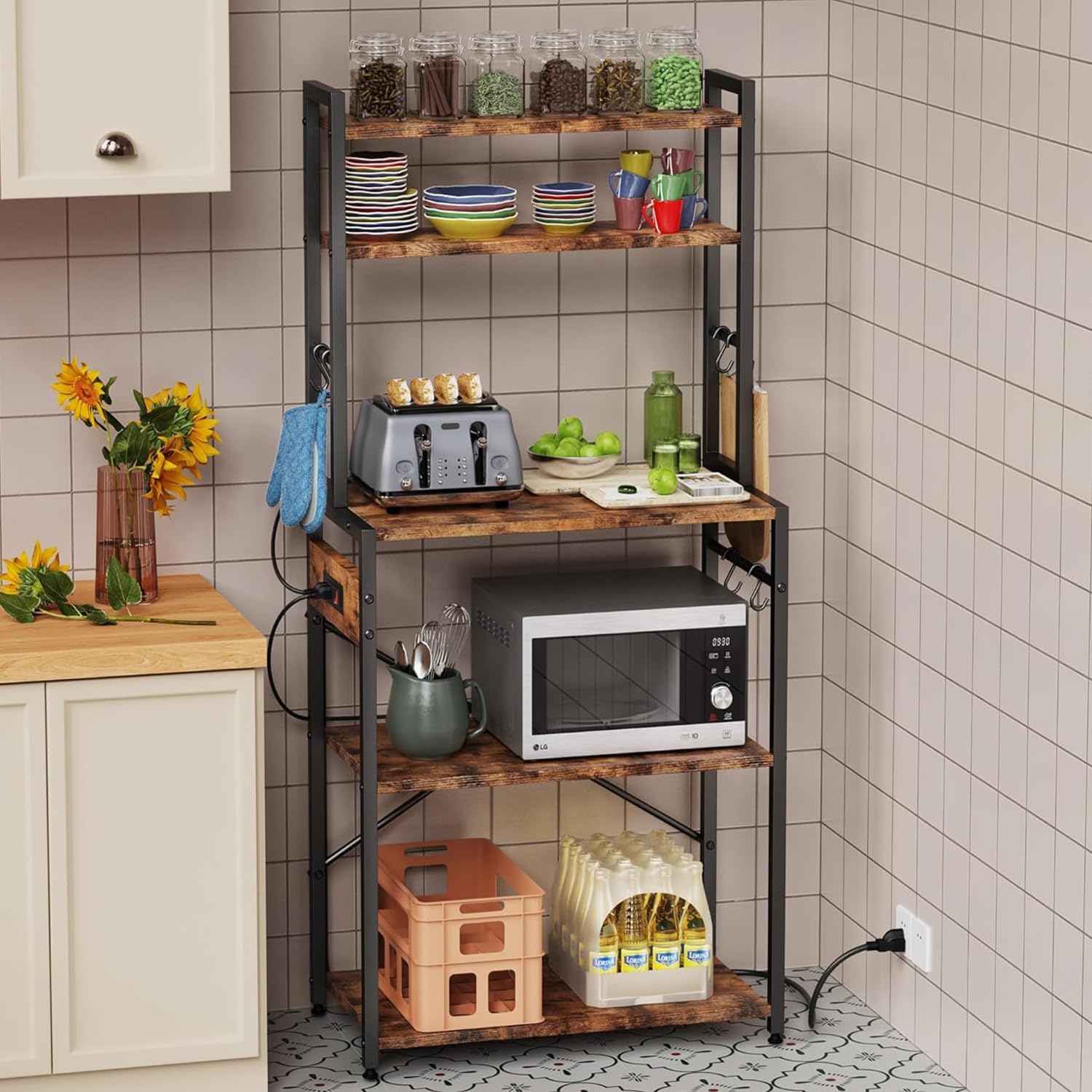 Kitchen Bakers Rack with Power Outlet, 5 Tiers Coffee Bar Table, Kitchen Microwave Stand with 6 S-shaped Hooks, Kitchen Storage Shelf Rack for Spices, Pots, Rustic Brown