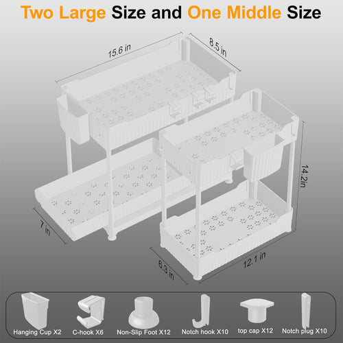 3 Pack Under Sink Organizers, 2-Tier Multi-Use Kitchen and Bathroom Organizers and Storage with Sliding Drawers，Bathroom Cabinet Organizer (White, 12.8 Inch)