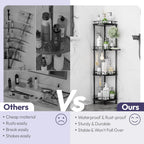 SWTYMIKI Corner Shower Caddy Standing - 4 Tier Stainless Steel Shower Organizer Stand with 4 Hooks & Soap Holder, Rustproof Metal Standing Tall Floor Shower Shelf and Bathroom Organizer, Black