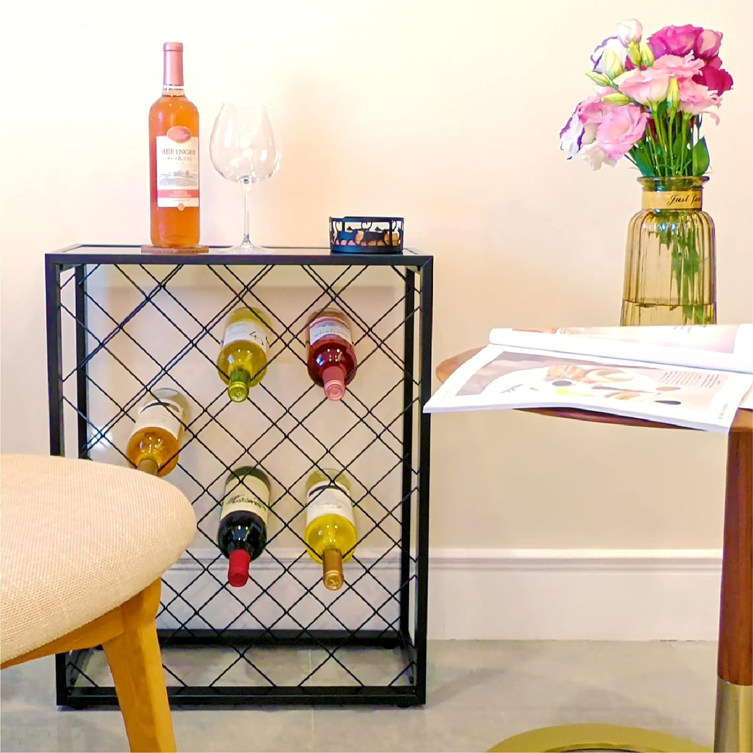 Mango Steam 32 Bottle Wine Rack with Black Glass Top Shelf, Free Standing for Home, Kitchen and Bar