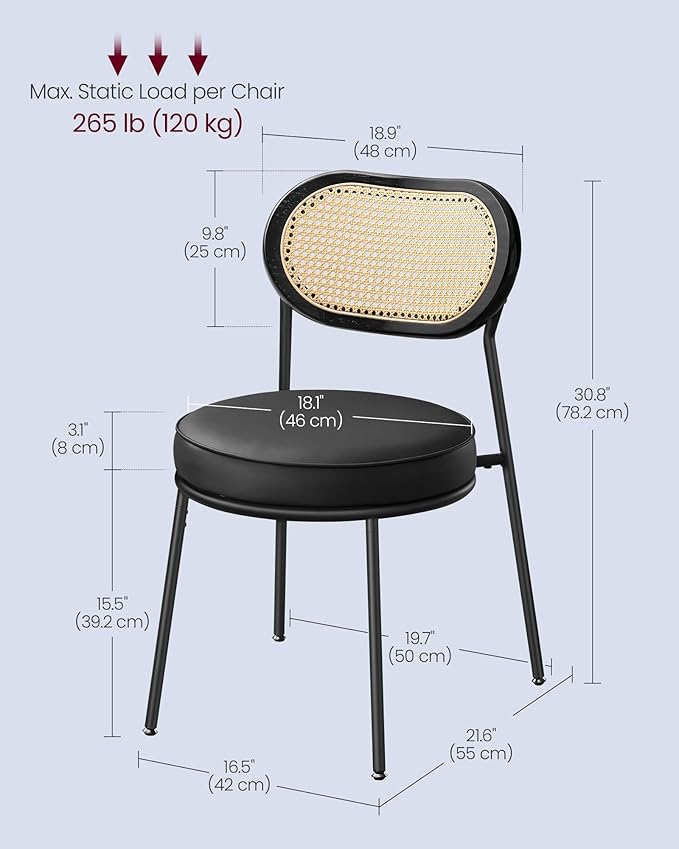VASAGLE Dining Chairs, Set of 2 Accent Chair for Dining Room Kitchen, with Boho PE Rattan Back, Synthetic Leather Upholstery, Ink Black ULDC160B02