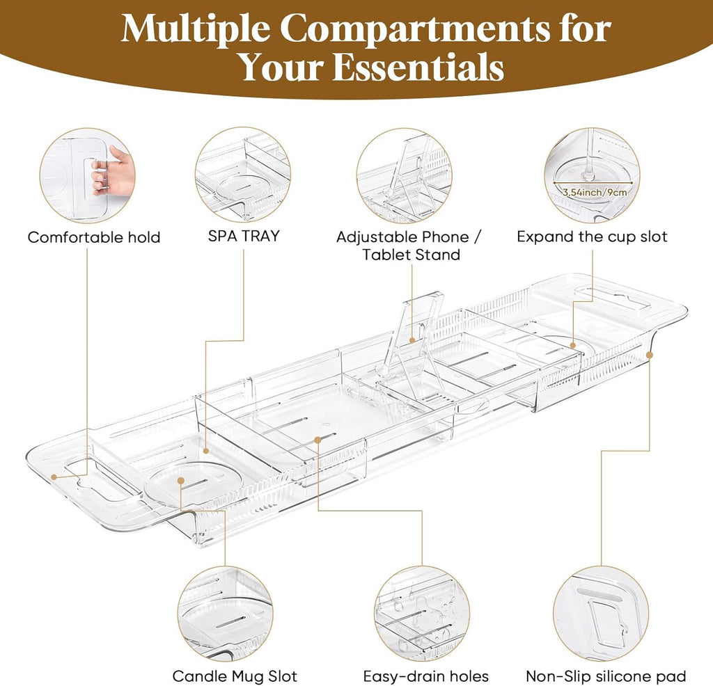 Expandable Clear Acrylic Bathtub Tray Caddy, Foldable Tub Bath Tray with Drain Slots, Slip-Resistant Waterproof Bathroom Organizer & Home Spa Gift for Women