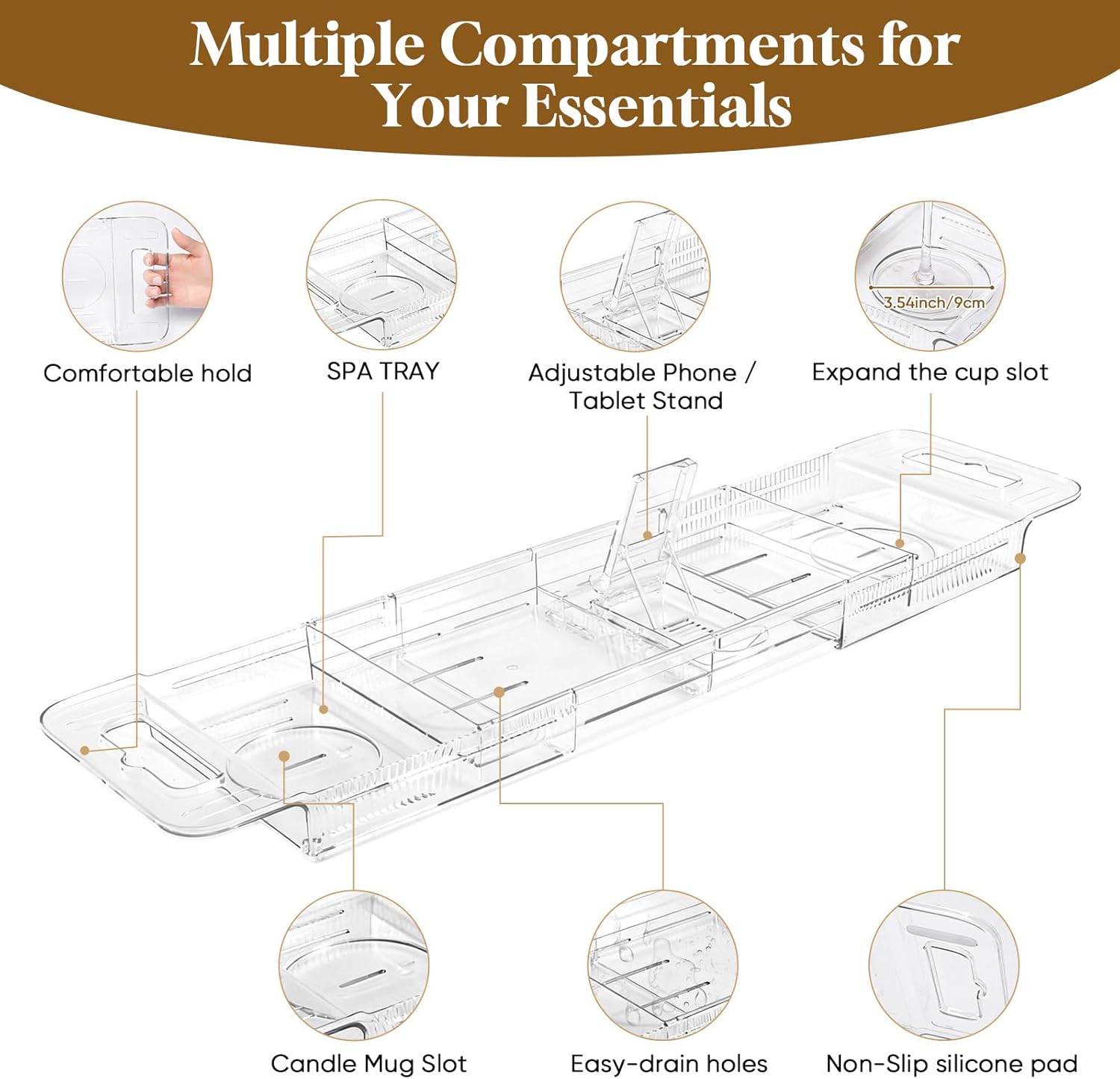 Expandable Clear Acrylic Bathtub Tray Caddy, Foldable Tub Bath Tray with Drain Slots, Slip-Resistant Waterproof Bathroom Organizer & Home Spa Gift for Women
