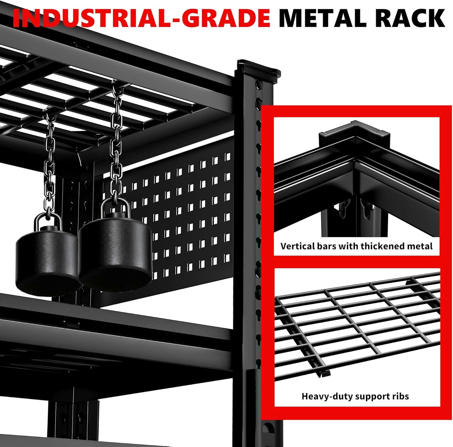 SILVEL 48.2"W Garage Shelving, 5000LBS Heavy Duty Metal Shelving, 2025 Grid Storage Shelves, 2 Side Pegboards, Industrial 5 Tier Shelves for Basement Pantry Warehouse Supermarket, 72.2" x24.2" x48.2"