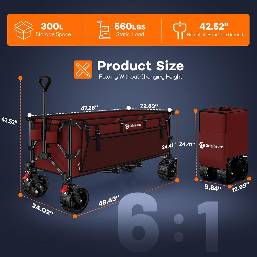 48" L Collapsible Beach Wagon Cart Foldable, 560lbs Weight Capacity 300L Heavy Duty Folding Wagons with Big All-Terrain Wheels, Utility Carts for Groceries, Shopping, Camping, Sports - Red