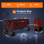 48" L Collapsible Beach Wagon Cart Foldable, 560lbs Weight Capacity 300L Heavy Duty Folding Wagons with Big All-Terrain Wheels, Utility Carts for Groceries, Shopping, Camping, Sports - Red