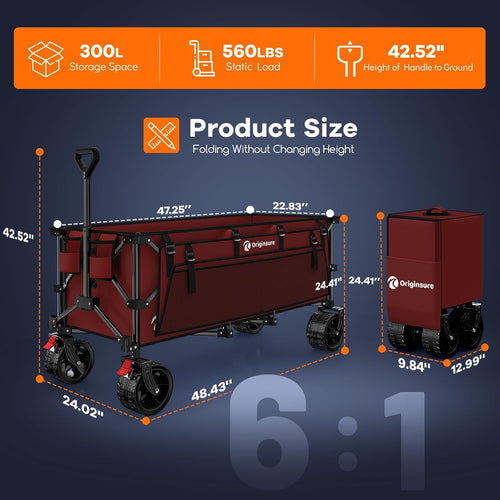 48" L Collapsible Beach Wagon Cart Foldable, 560lbs Weight Capacity 300L Heavy Duty Folding Wagons with Big All-Terrain Wheels, Utility Carts for Groceries, Shopping, Camping, Sports - Red