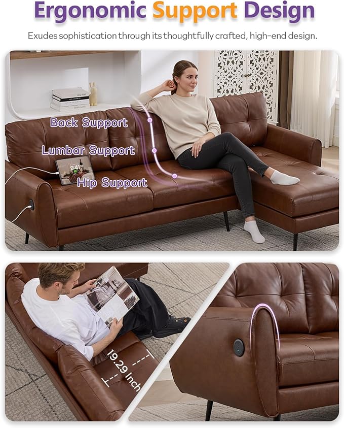 TYBOATLE 3 Seat L Shaped Leather Sectional Couches for Living Room, Faux Leather Couch w/USB & Type-C Charging Port, Small Sectional Sofa w/Deep-Seat Chaise (Brown)