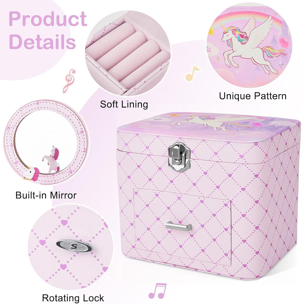 Basumee Musical Jewelry Box for Girls PU Leather Music Box with Drawer Large Kids Jewelry Organizer with Unicorn/Ballerina Jewelry Storage for Little Girls Ages 3–10, Birthday & Holiday Present