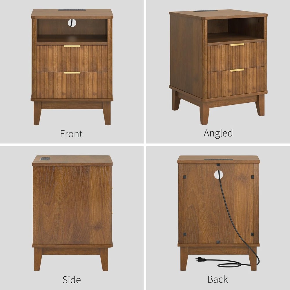 Night Stand Set of 2 with Charger Station, Fluted Nightstand with Drawers and...