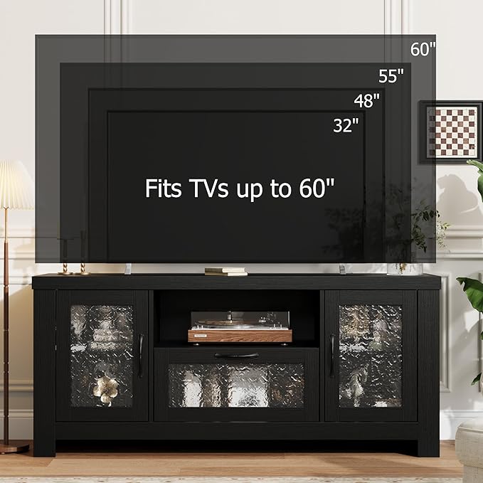 Garvee Farmhouse TV Stand for 55 Inch TV, Entertainment Center with Acrylic Door & Adjustable Shelves, Sideboard Buffet Storage Cabinet for Living Room Bedroom, Black