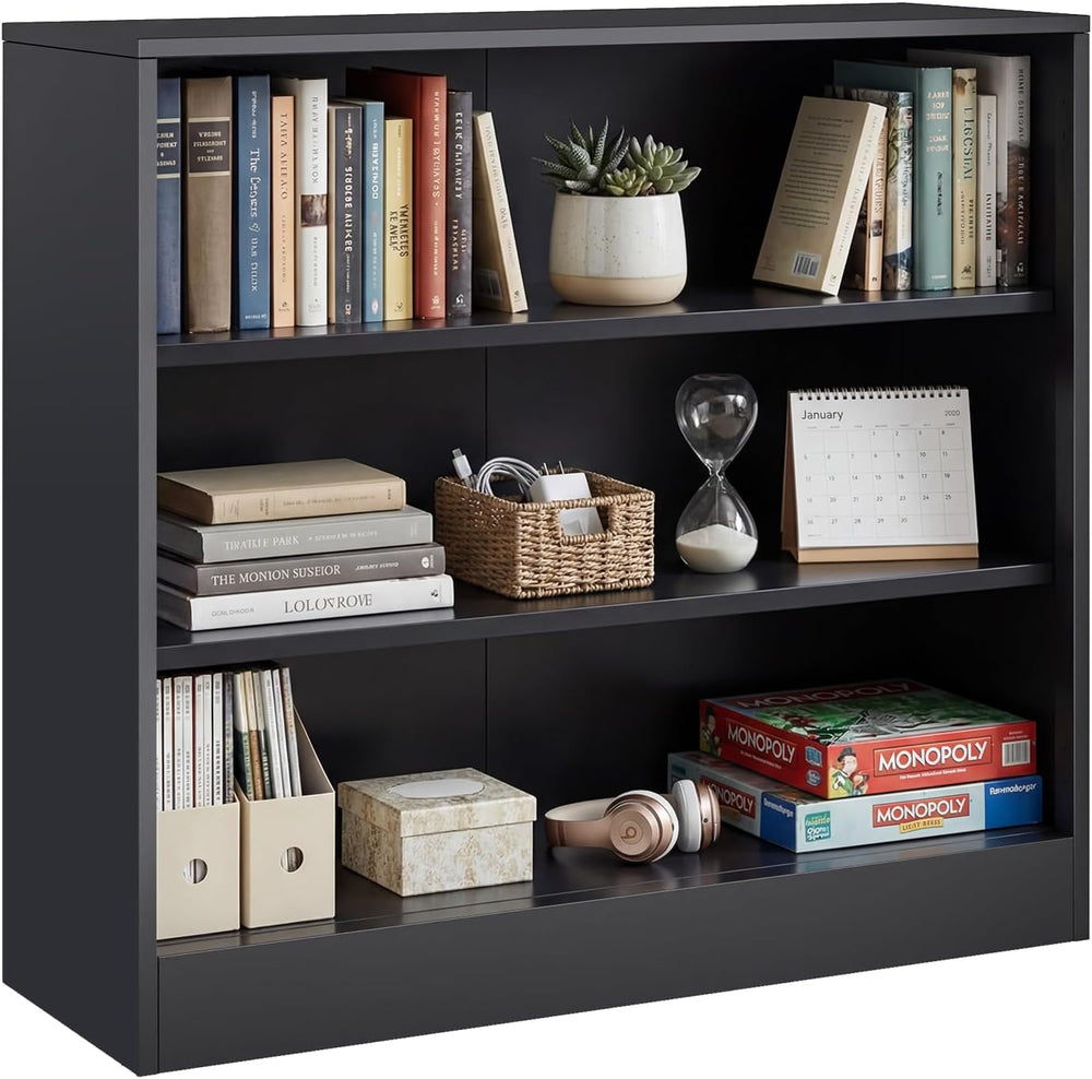 Metal Black Bookshelf, Short Bookshelf with Adjustable Shelves, 3 Tier | Open...