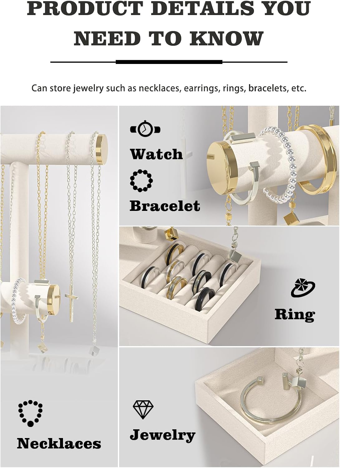 Bracelet and Necklace Holder,Velvet Jewelry Necklace Display Organizer Stand,bracelet Holder for Selling,Bracelet and Necklace Storage Tree (Style 2（Beige+ Metal lid）)