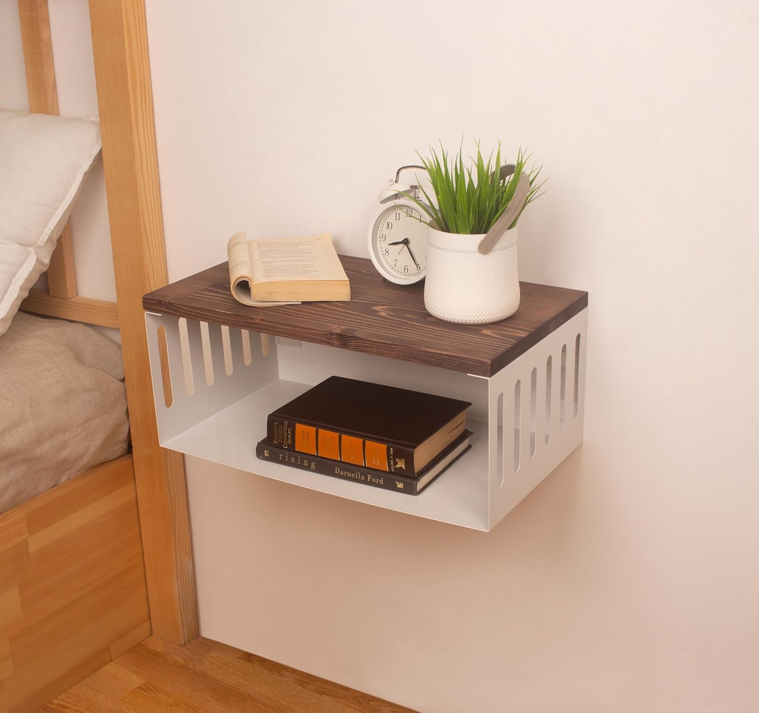 Floating Nightstand with White Metal Base, Wooden Top and Sturdy Metal Base, Minimalist Bedside Table, Wall Mounted Shelf, Bedside Shelf (London)
