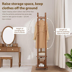 Coat Rack Freestanding Clothing Rack with Wheels, Coat Tree Freestanding Heavy Duty with 2 Storage Shelves and 5 Hooks, Wood Garment Rack for Corner Bedroom Hallway Entryway Living Room Hotel