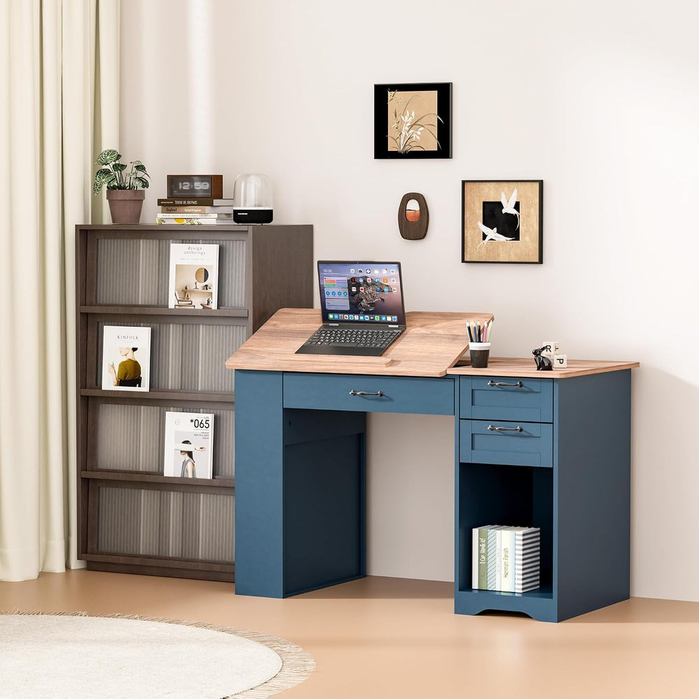 Drafting Table with Storage Cabinet & Drawers, Adjustable Drawing Table w...