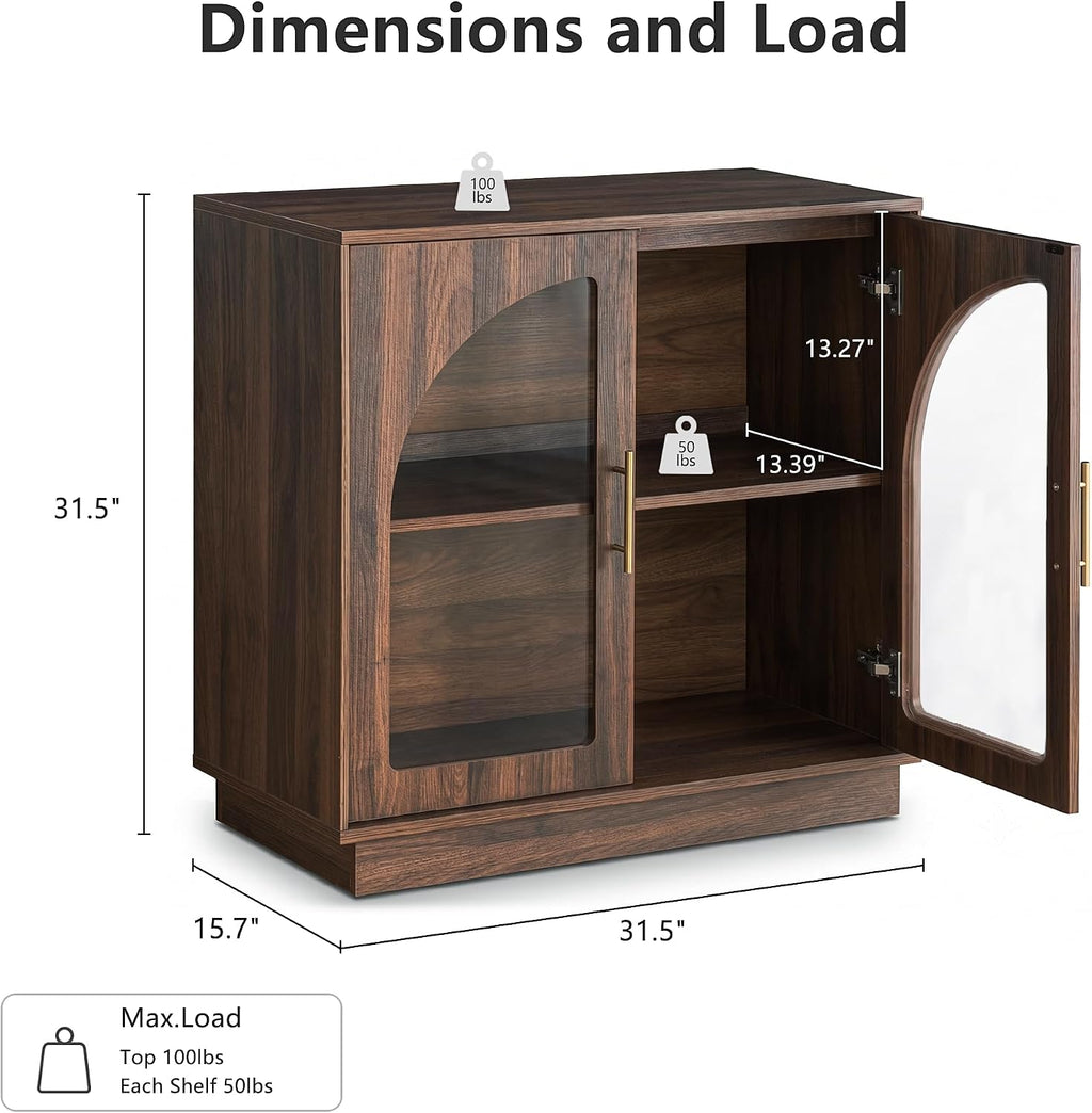 FORTUNETEC 31.5" Sideboard Buffet Cabinet with Arched Glass Doors Set of 2 | Modern Accent Cabinet, Modular Media Console with Storage, Adjustable Shelves, for Living Dining Room Entryway, Dark Walnut