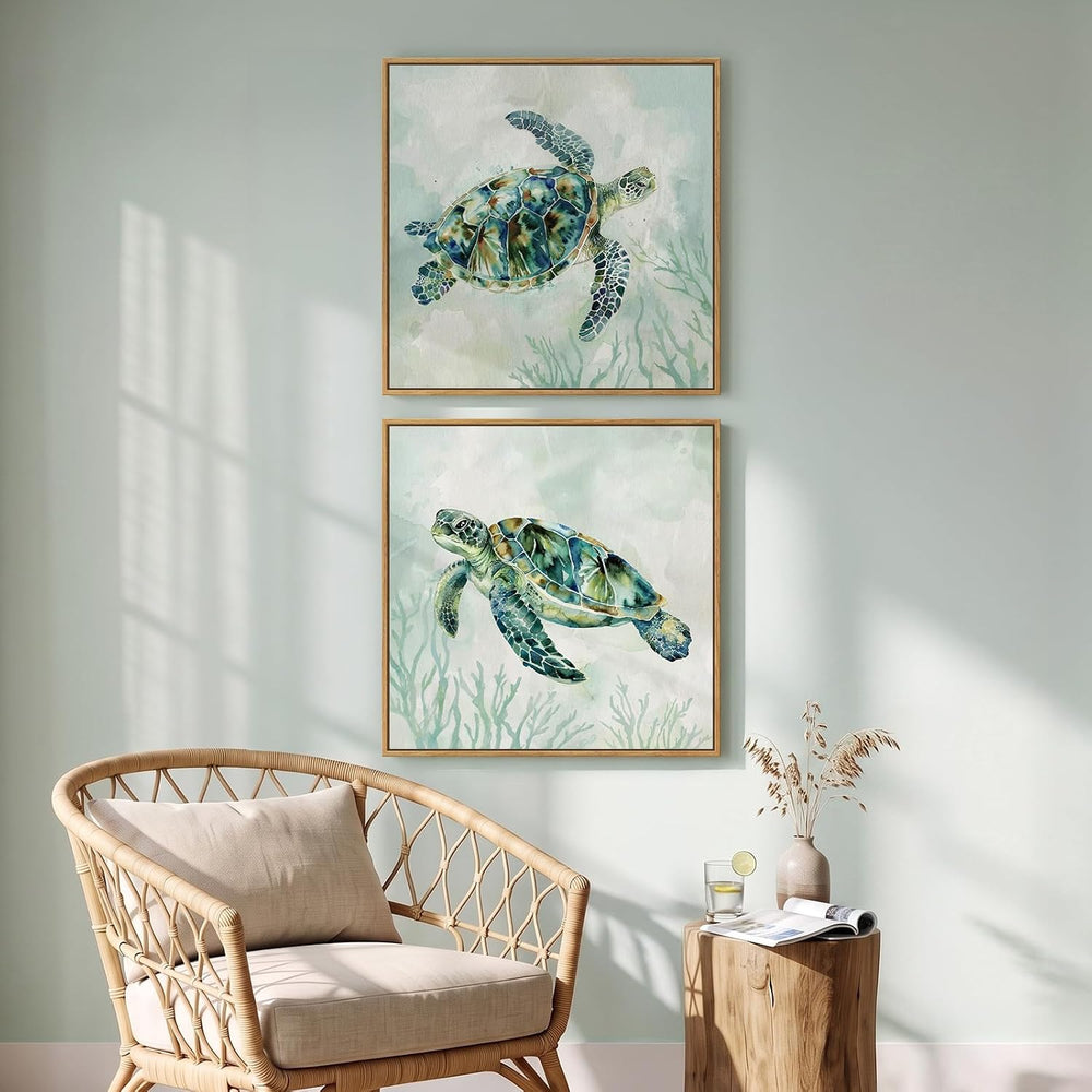 Large Framed Coastal Green Sea Turtle Wall Art for Living Room, 24x24 Inch