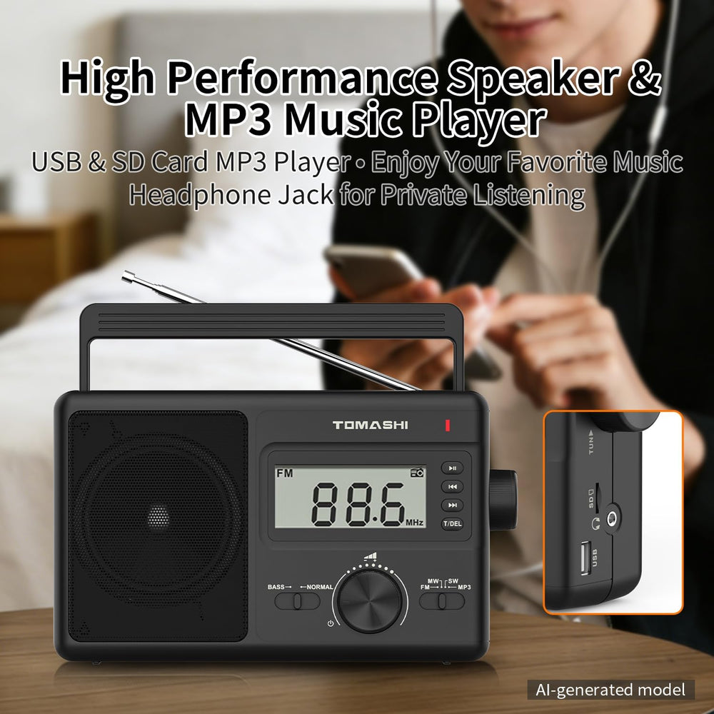 TOMASHI Portable AM FM SW Radio, AC/DC Powered Multi Band with Auto Scan