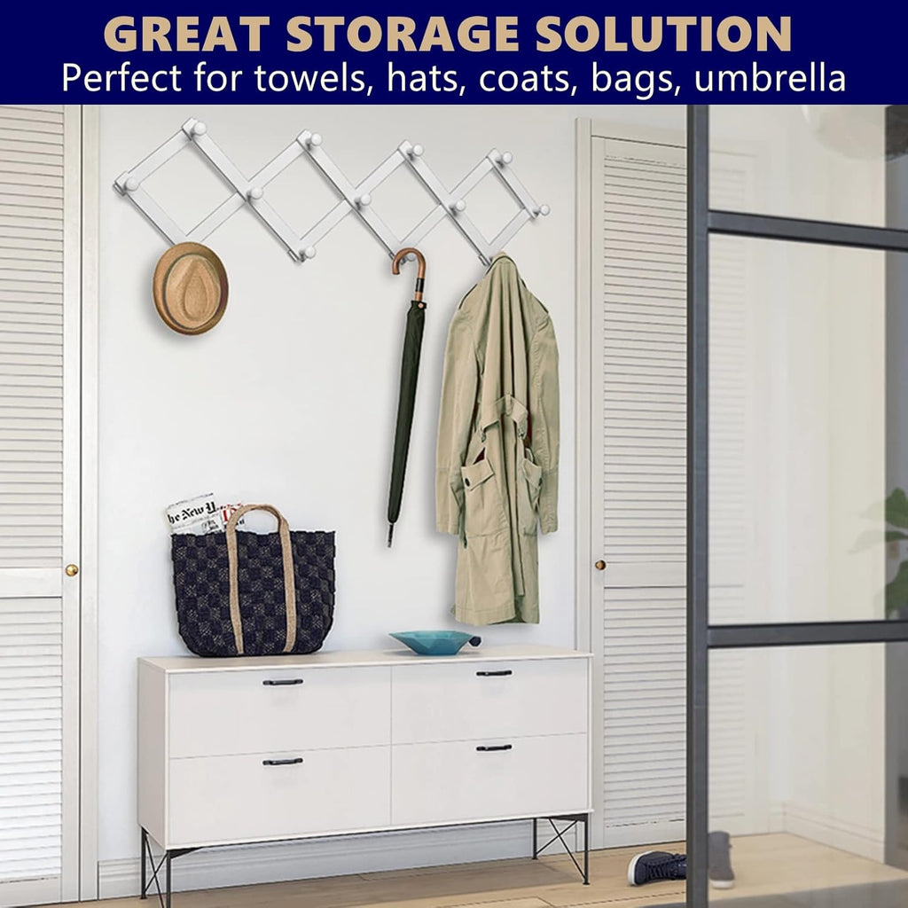 Amber Home Wood Accordion Wall Rack 13 Hooks (Pegs), Expandable Wall Mounted Hanger for Coat, Hat, Scarf, Coffee Mugs, X Shape Coat Hooks (White Color)