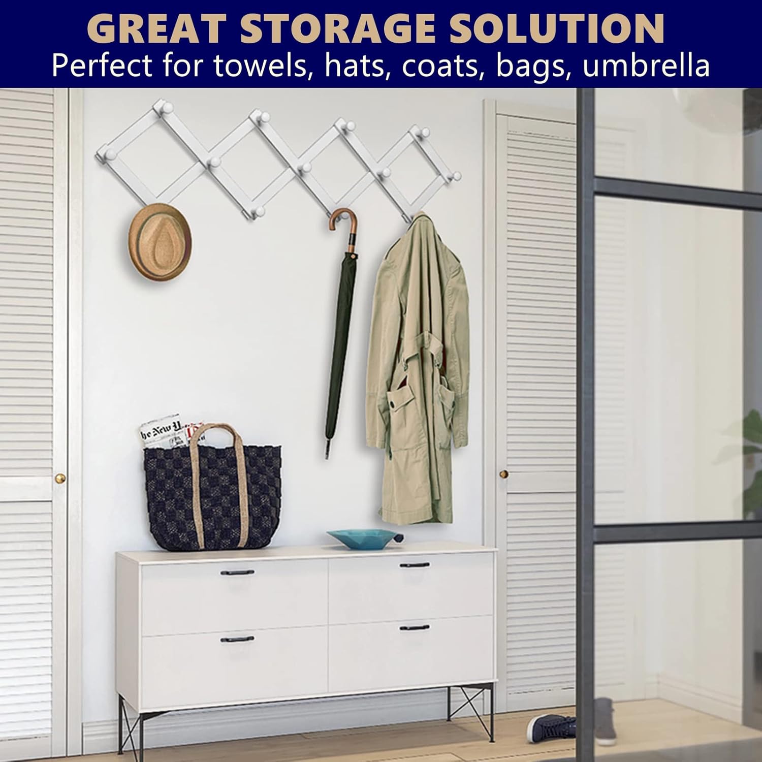 Amber Home Wood Accordion Wall Rack 13 Hooks (Pegs), Expandable Wall Mounted Hanger for Coat, Hat, Scarf, Coffee Mugs, X Shape Coat Hooks (White Color)