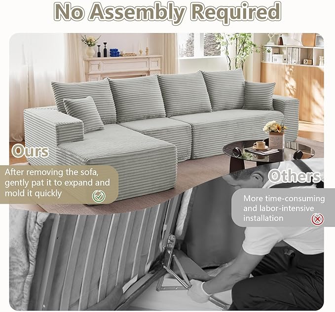 135" Cloud Sectional Couch with L-Shape Chaise, Upholstered Corduroy Couches Sleeper Chaise Longue, Modern Modular Comfy Deep Seat Sofa for Living Room Bedroom, No Assembly Required, Grey