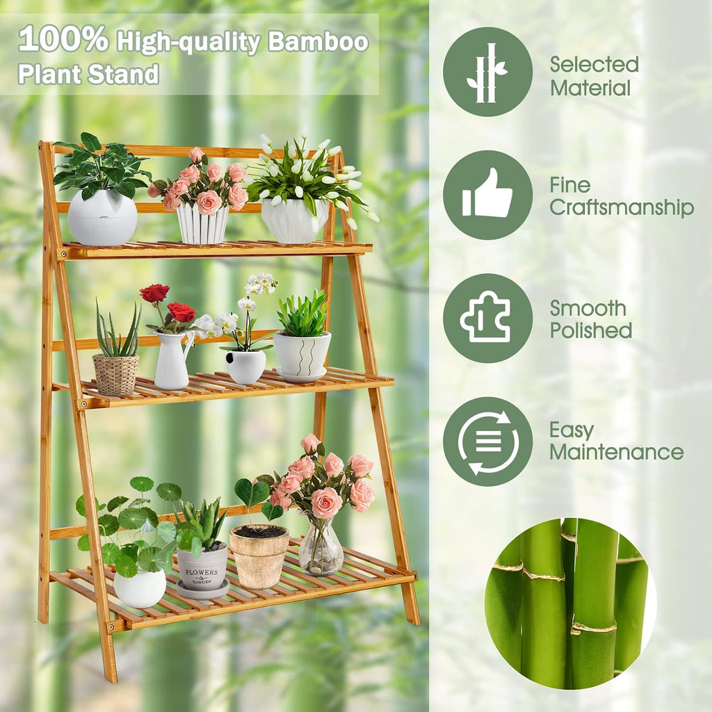 COSTWAY Bamboo Plant Stand, Foldable Multifunctional Flower Display Ladder Shelf, 3-Tier Storage Rack