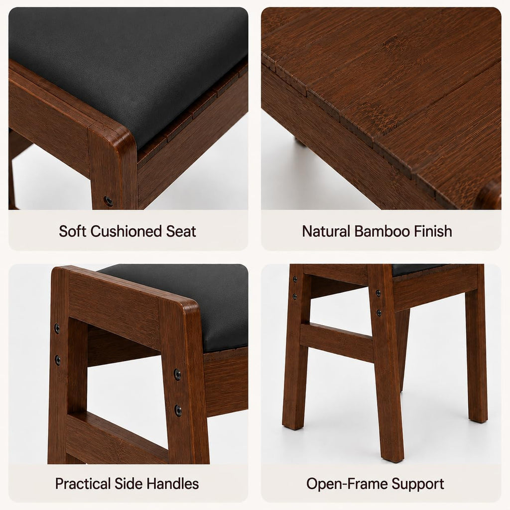 BAMBOOHOMIE Foot Stool Ottoman, Modern Vanity Stool Chair for Makeup with Removable Cushion & Side Handles, Bamboo Ottoman for Living Room Bedroom Office, Small Foot Rest for Couch (Black - Brown)