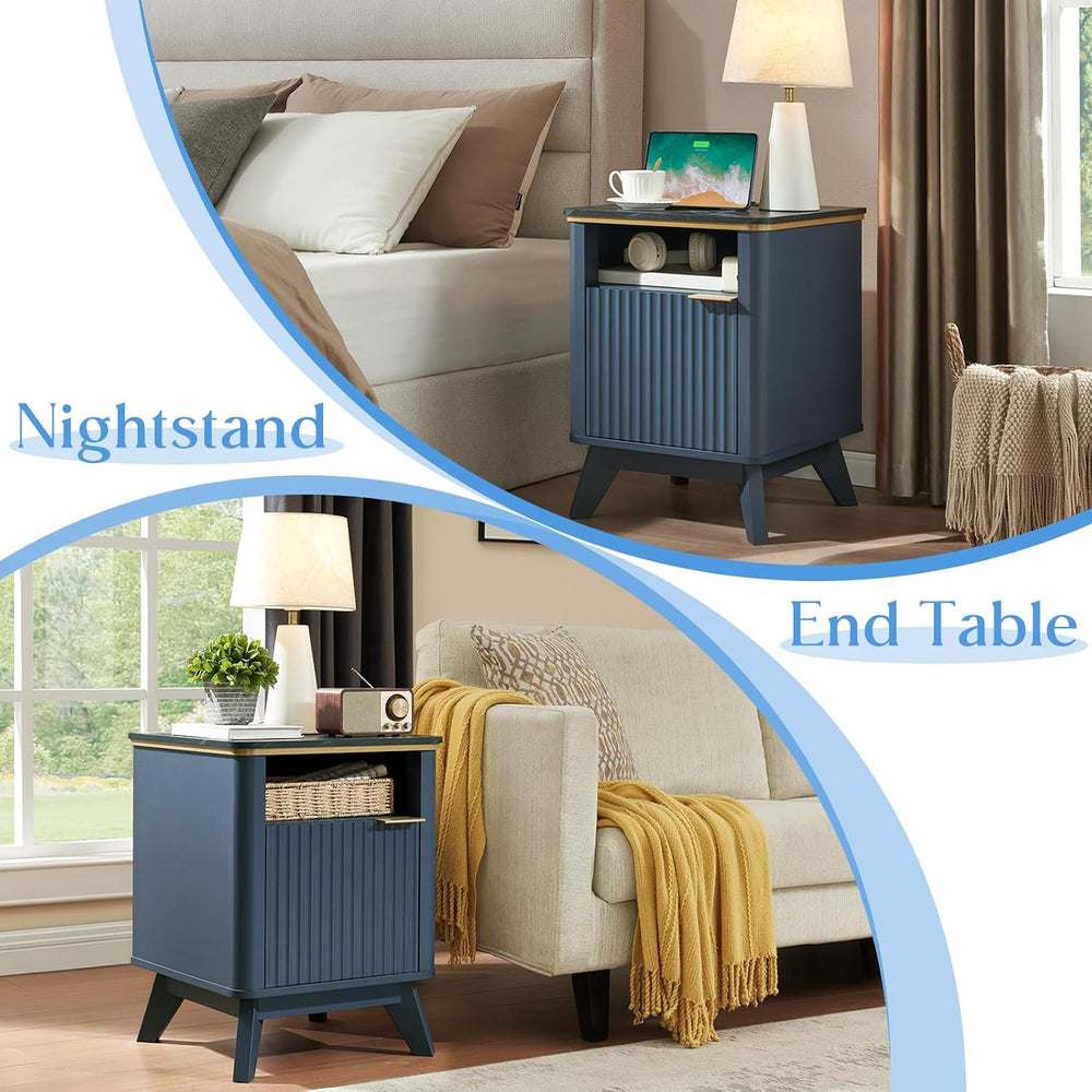 QUW Fluted Nightstands Set of 2 with Charging Station, 18" Modern Side T...