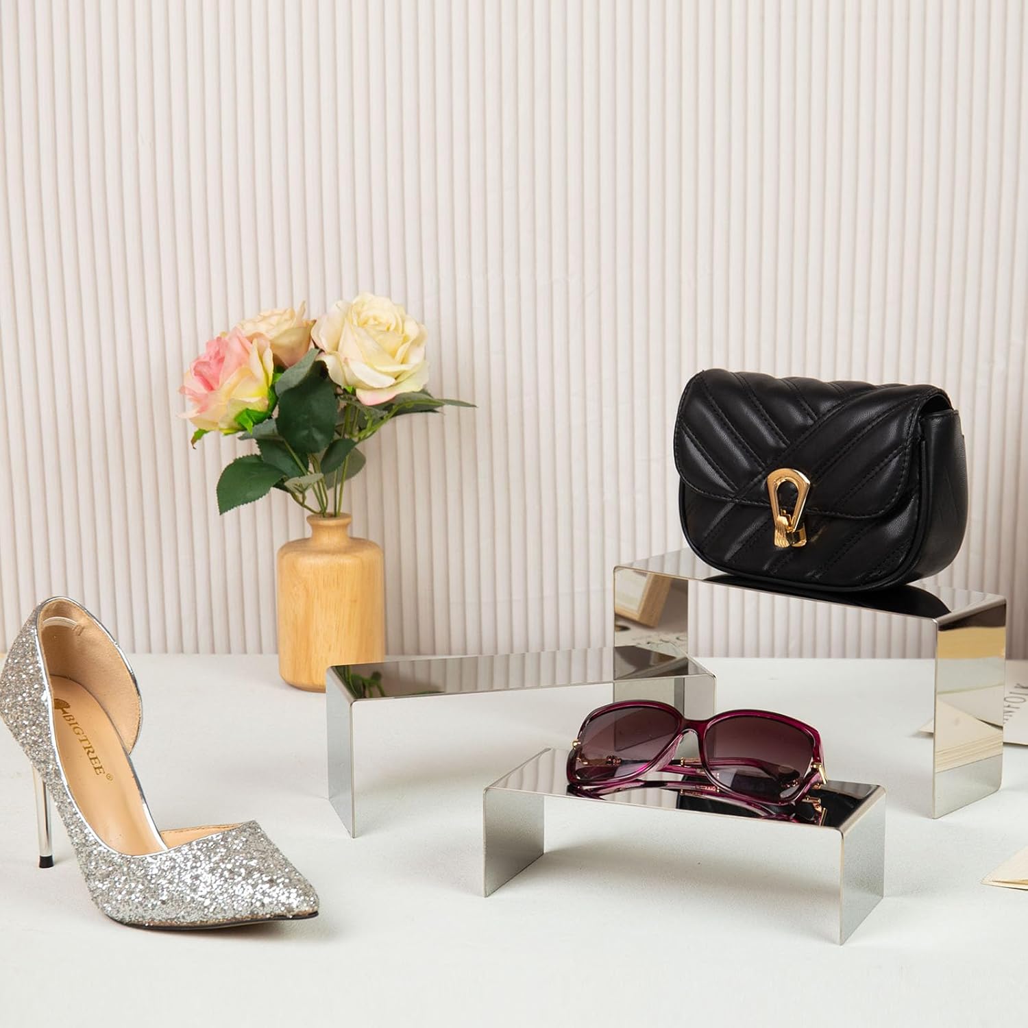Purse Display Stand, 3 Silver Risers Display Stands Stainless Steel, Heavy Duty Countertop Shoes Stand Handbag Holder Risers for Home Boutique Retail Store Vendor Display Bags Perfume Jewelry (RCS 50% Recycled Post-consumer Metal)